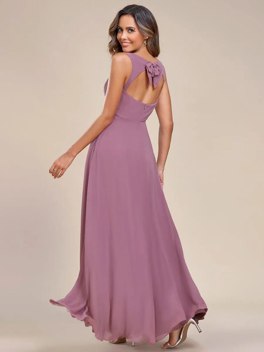 Robe demoiselle d'honneur sans manches mousseline avec découpe au dos