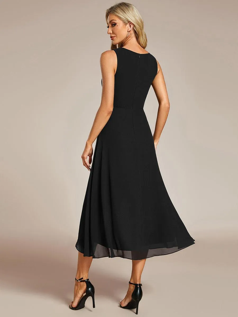 Robe d'invité de mariage haute-basse en mousseline de soie sans manches avec applique à la taille