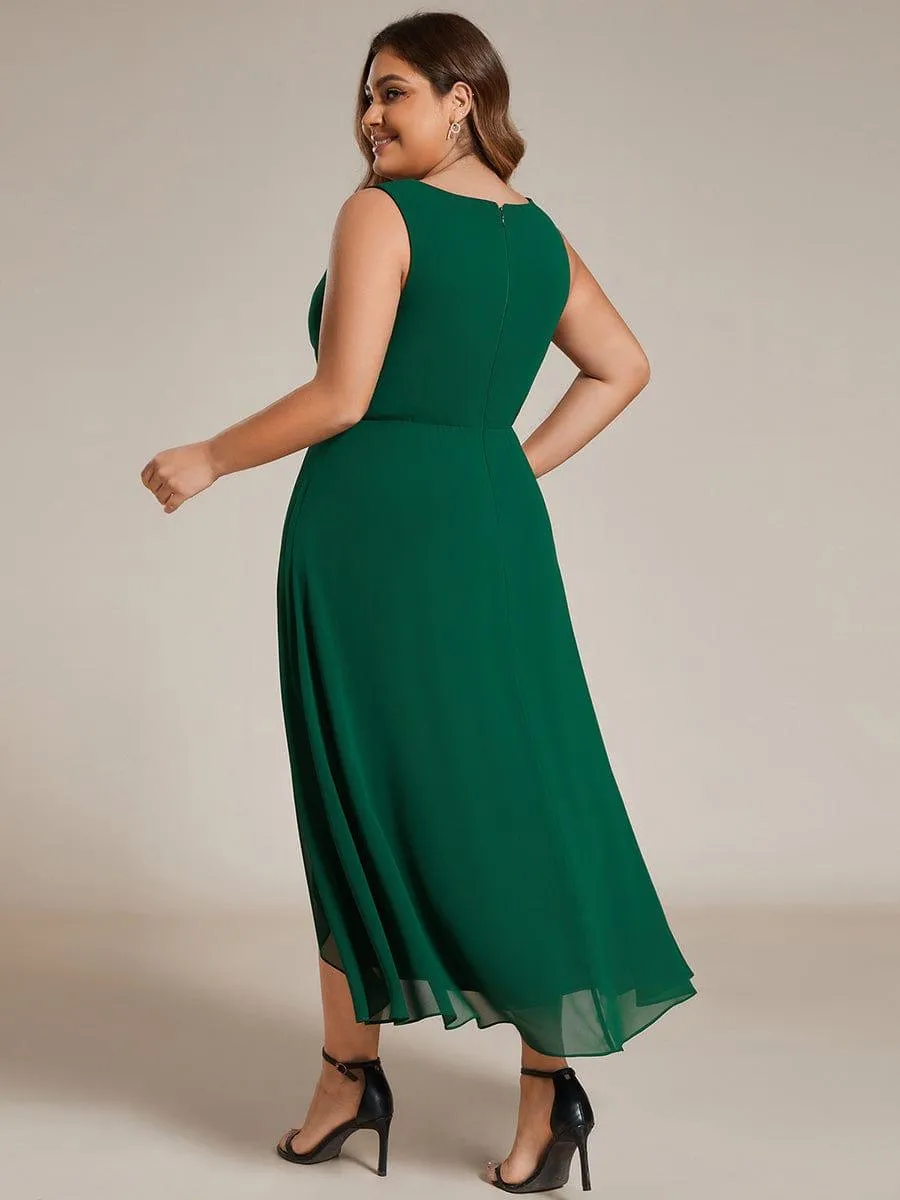 Robe d'invité de mariage haute-basse en mousseline de soie sans manches avec applique à la taille