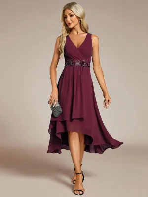 Robe d'invité de mariage haute-basse en mousseline de soie sans manches avec applique à la taille