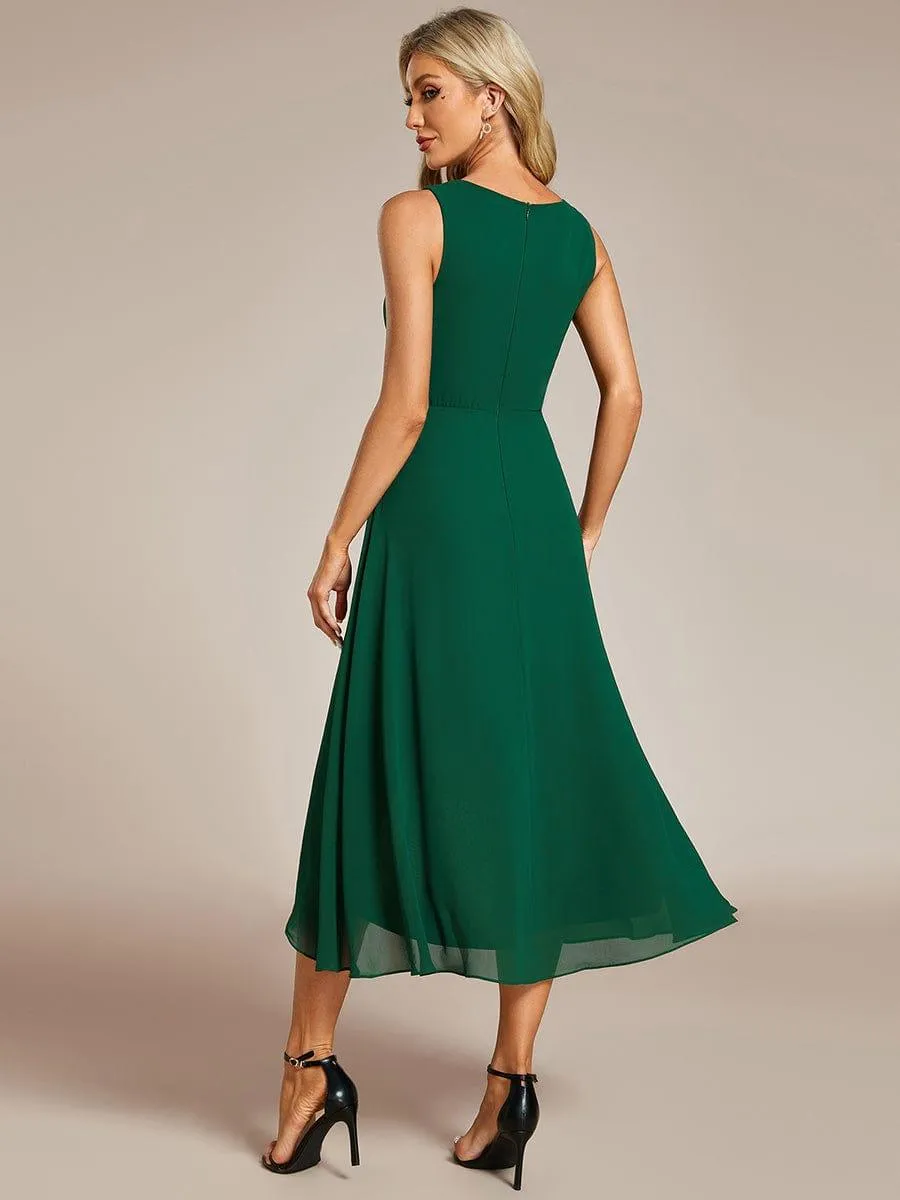 Robe d'invité de mariage haute-basse en mousseline de soie sans manches avec applique à la taille