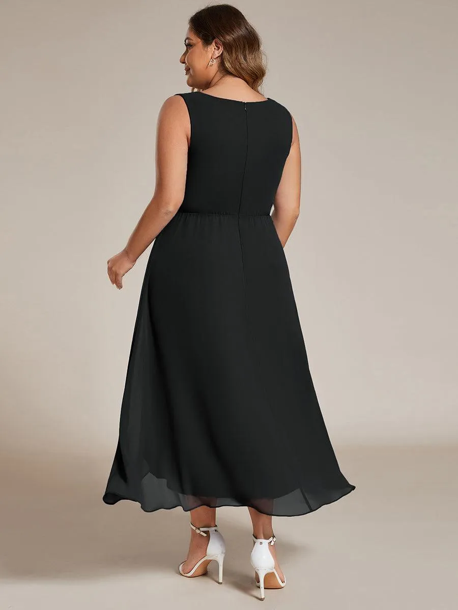 Robe d'invité de mariage haute-basse en mousseline de soie sans manches avec applique à la taille