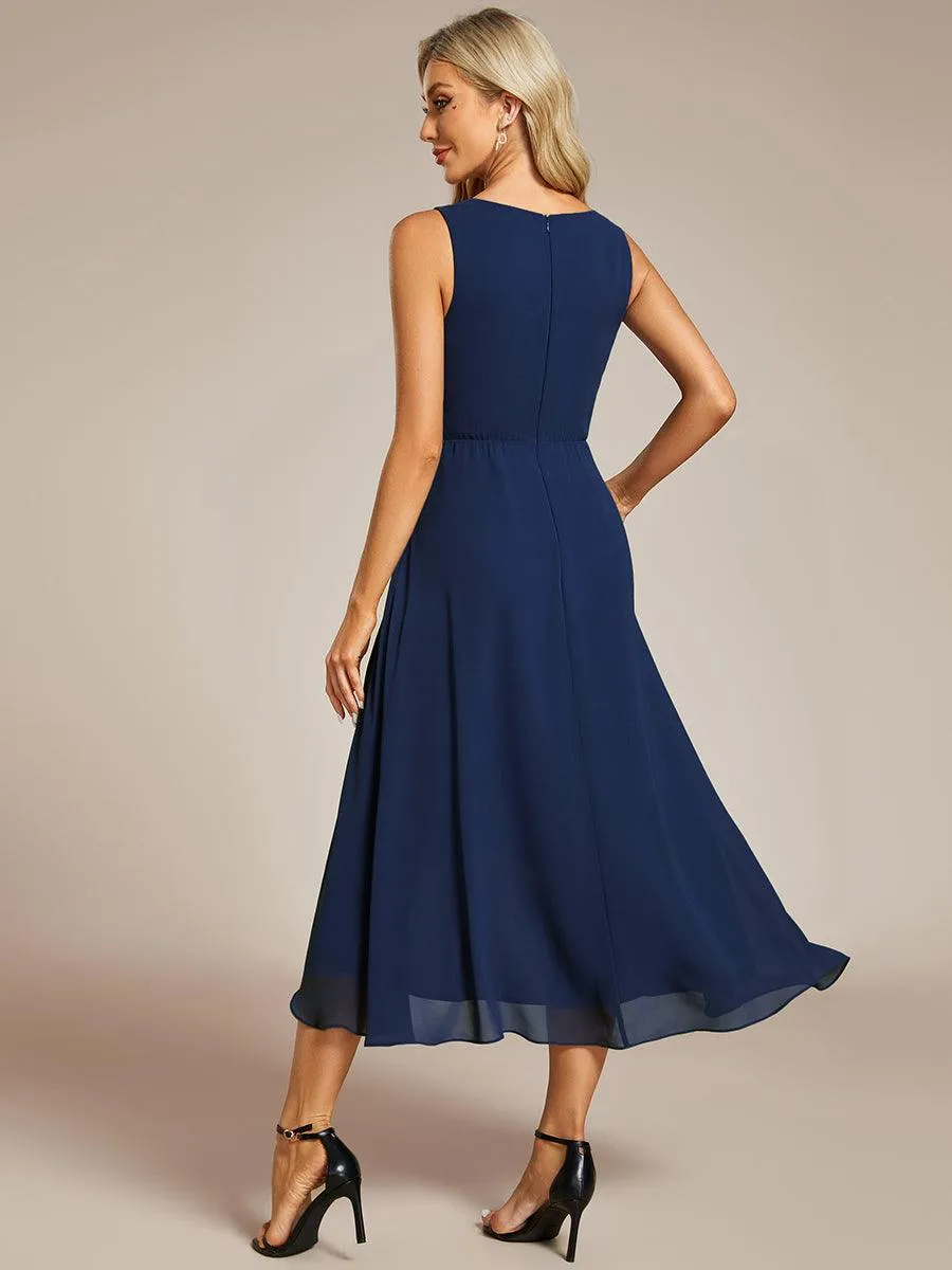 Robe d'invité de mariage haute-basse en mousseline de soie sans manches avec applique à la taille