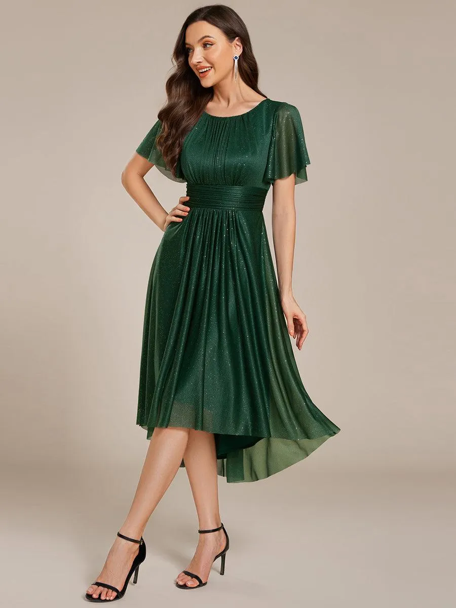 Robe d'invitée de mariage mi-longue à col rond et paillettes