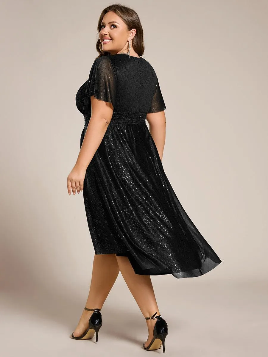 Robe d'invitée de mariage mi-longue à col rond et paillettes