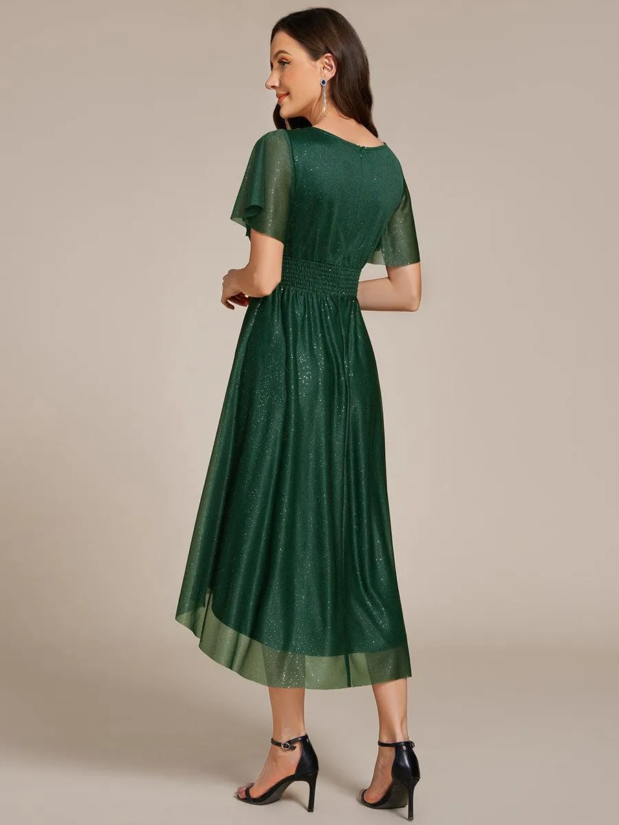 Robe d'invitée de mariage mi-longue à col rond et paillettes