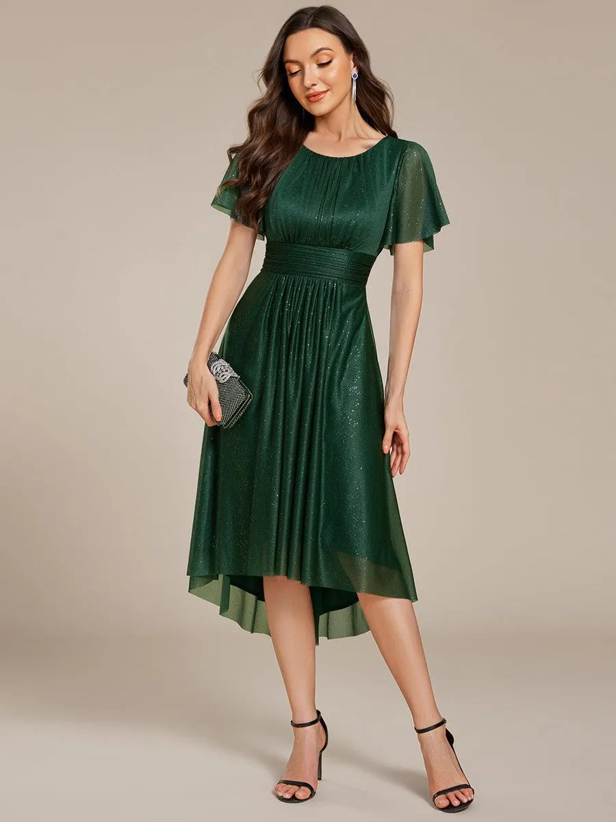 Robe d'invitée de mariage mi-longue à col rond et paillettes