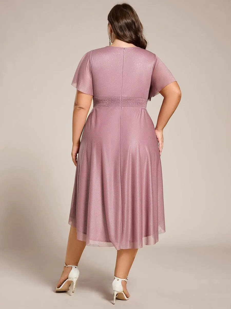 Robe d'invitée de mariage mi-longue à col rond et paillettes