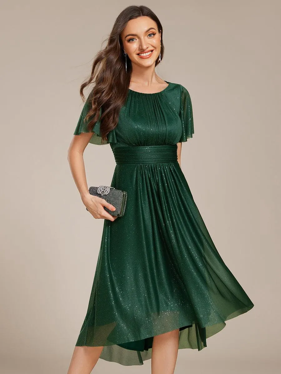 Robe d'invitée de mariage mi-longue à col rond et paillettes