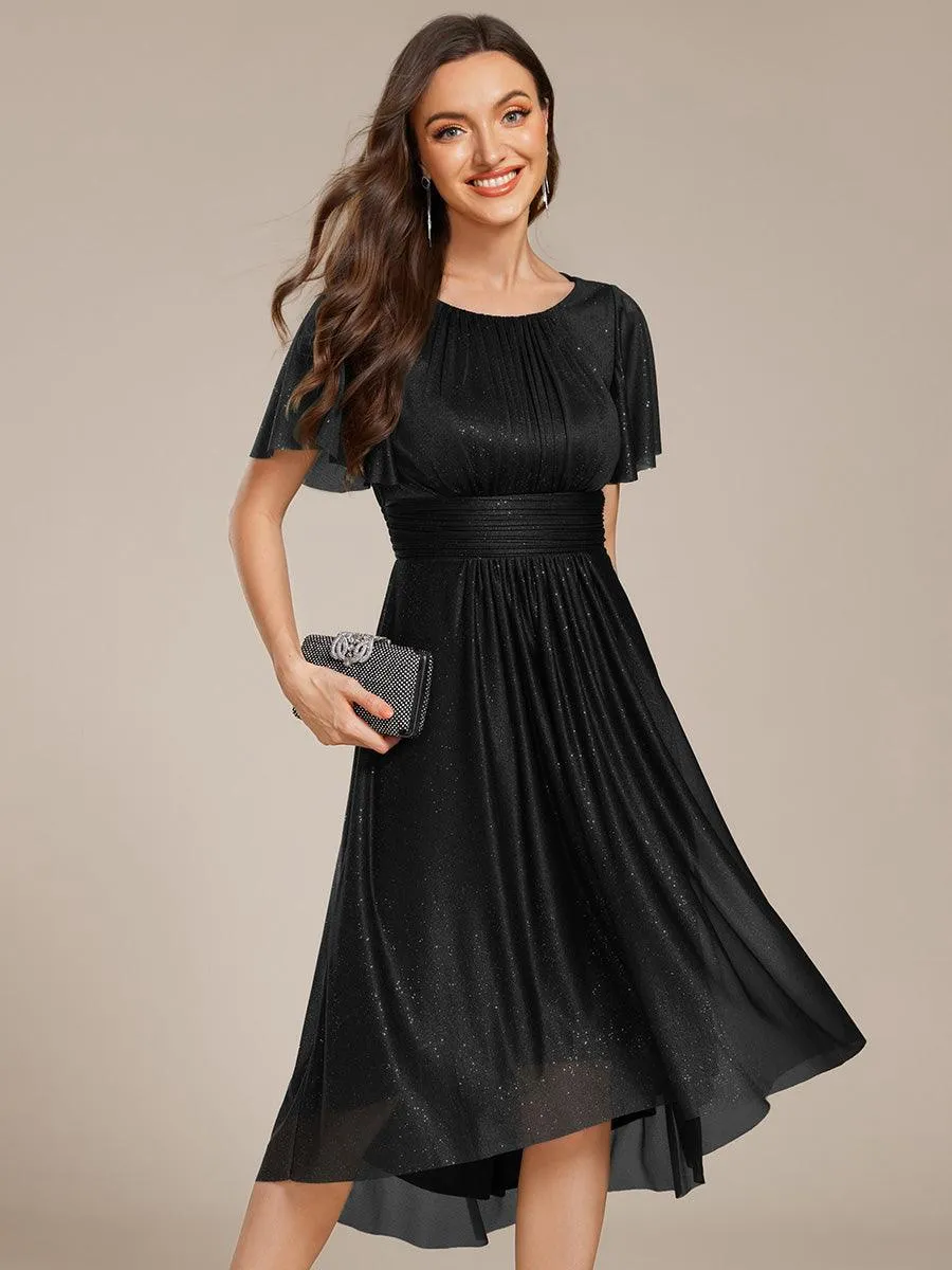 Robe d'invitée de mariage mi-longue à col rond et paillettes