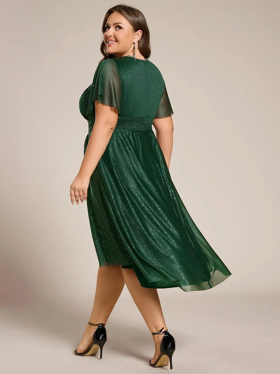 Robe d'invitée de mariage mi-longue à col rond et paillettes