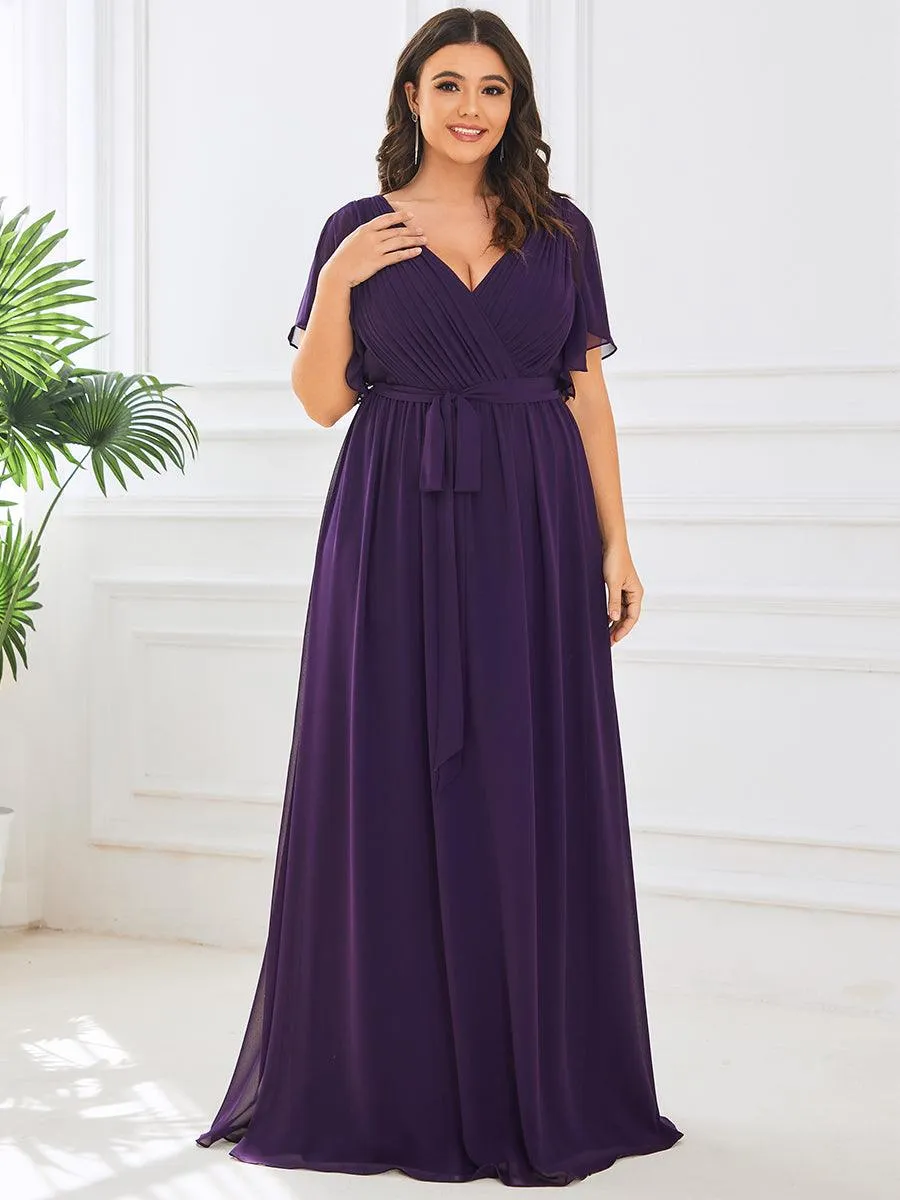 Robe mariage invitée en mousseline de soie longue de grande taille à encolure en V Maxi