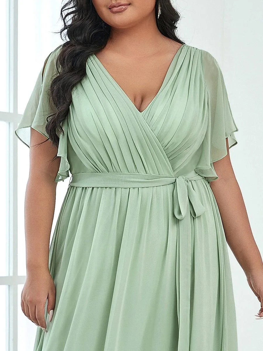 Robe mariage invitée en mousseline de soie longue de grande taille à encolure en V Maxi