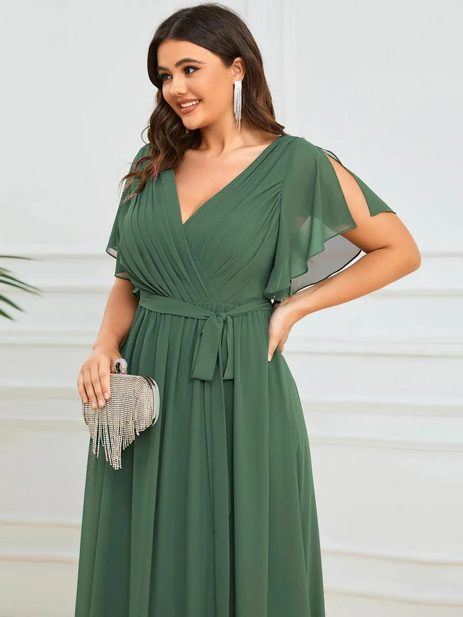 Robe mariage invitée en mousseline de soie longue de grande taille à encolure en V Maxi