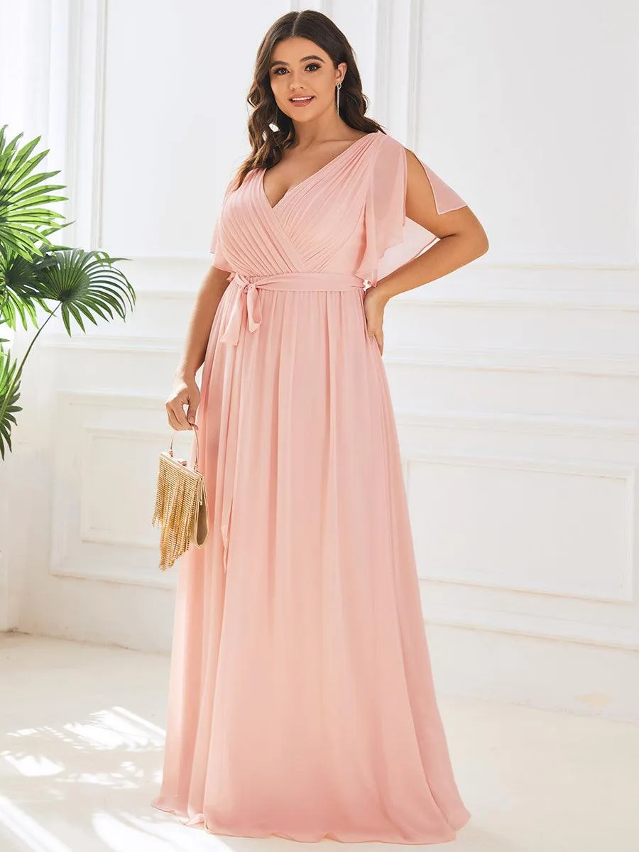 Robe mariage invitée en mousseline de soie longue de grande taille à encolure en V Maxi