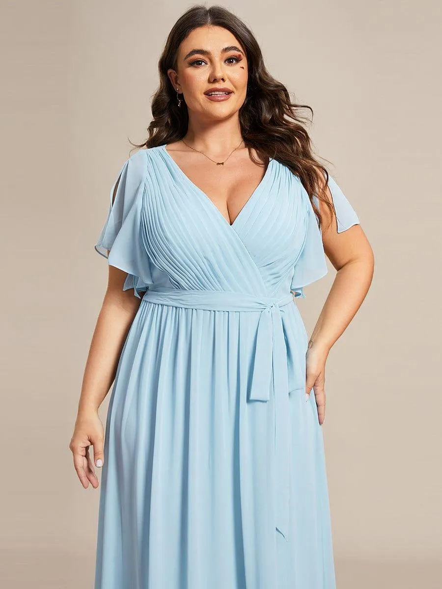 Robe mariage invitée en mousseline de soie longue de grande taille à encolure en V Maxi