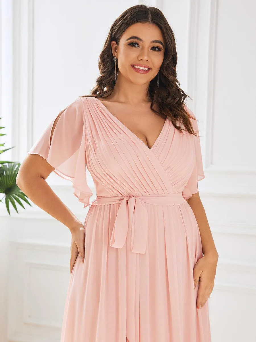 Robe mariage invitée en mousseline de soie longue de grande taille à encolure en V Maxi