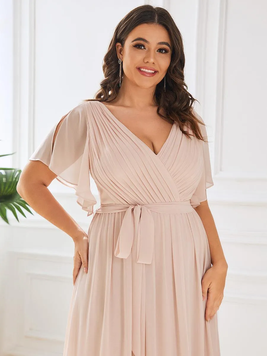 Robe mariage invitée en mousseline de soie longue de grande taille à encolure en V Maxi