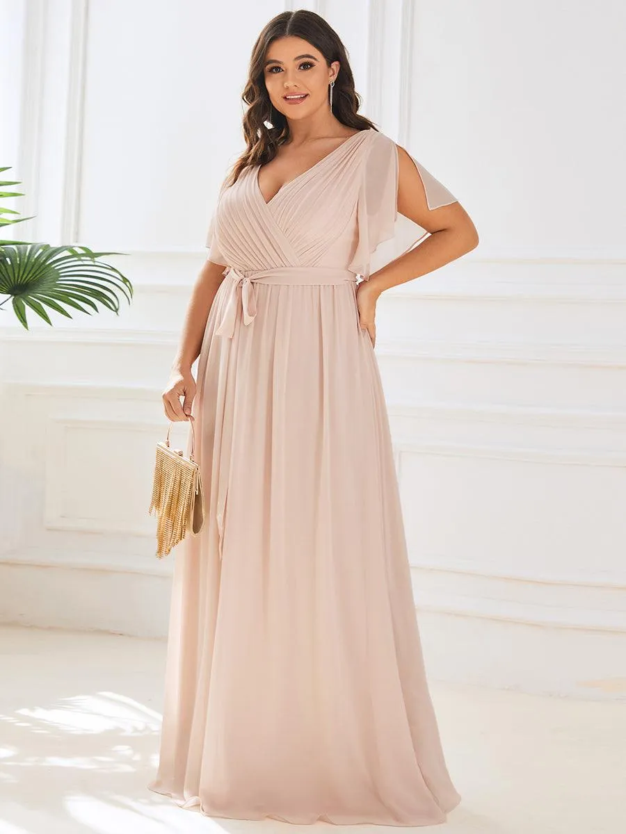 Robe mariage invitée en mousseline de soie longue de grande taille à encolure en V Maxi