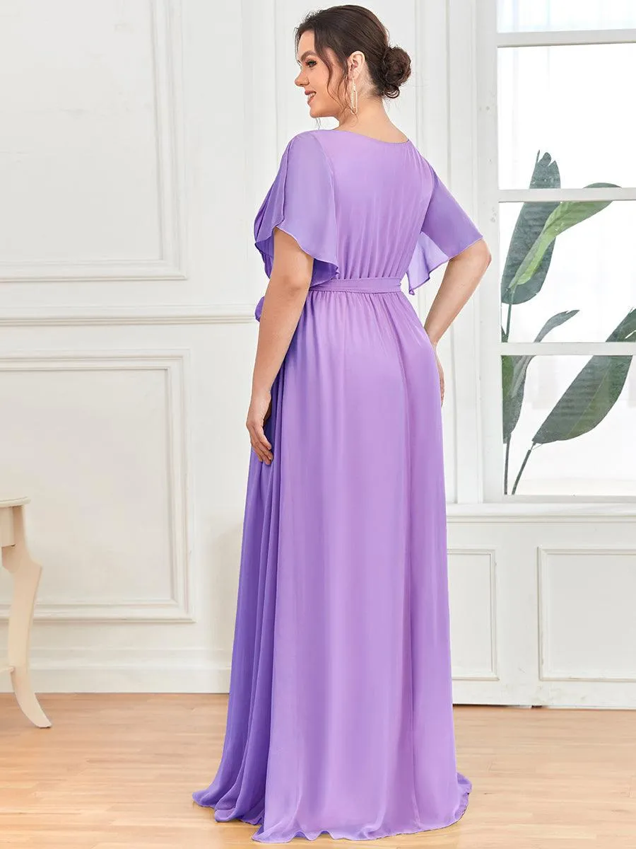 Robe mariage invitée en mousseline de soie longue de grande taille à encolure en V Maxi