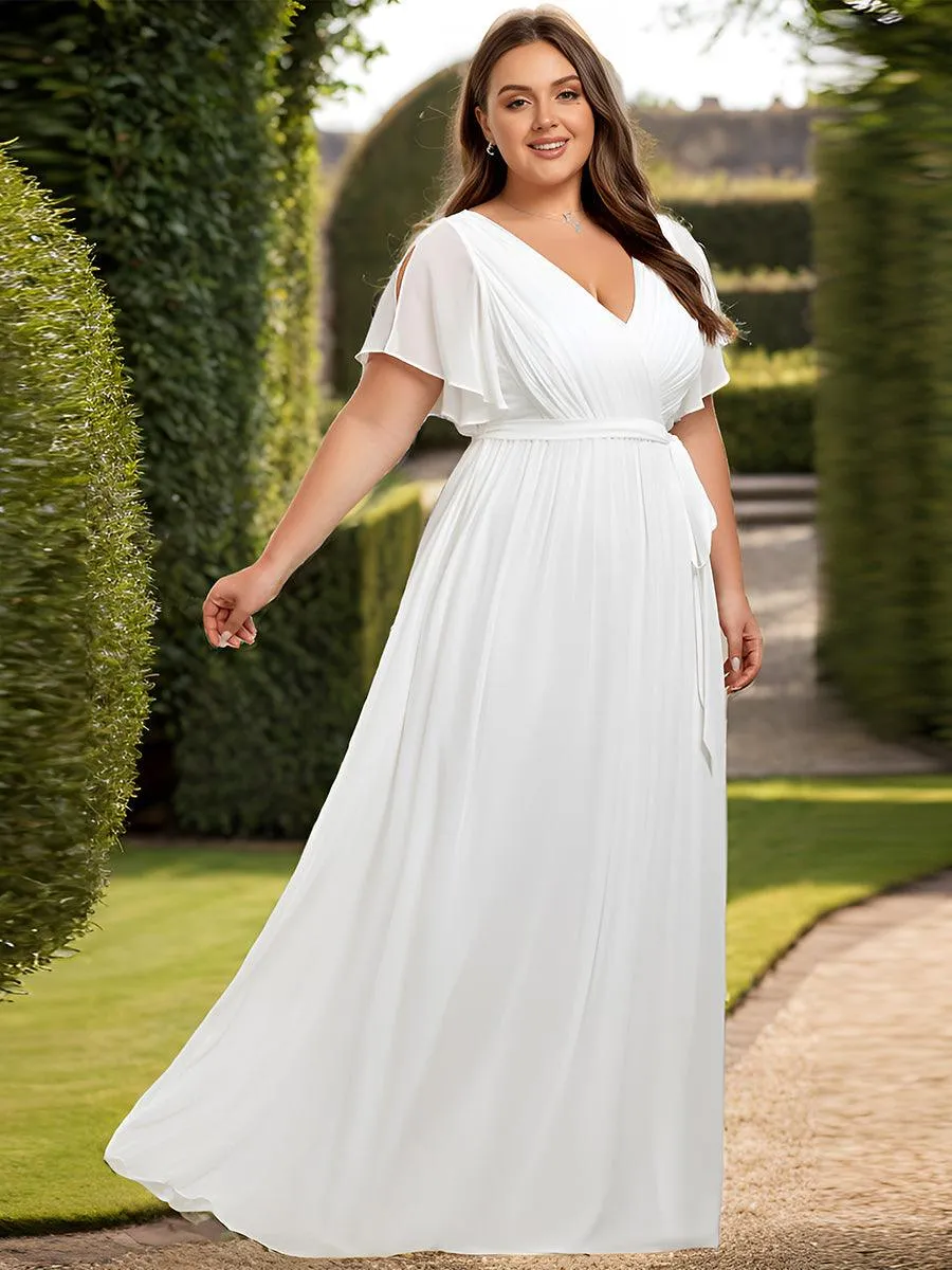 Robe mariage invitée en mousseline de soie longue de grande taille à encolure en V Maxi
