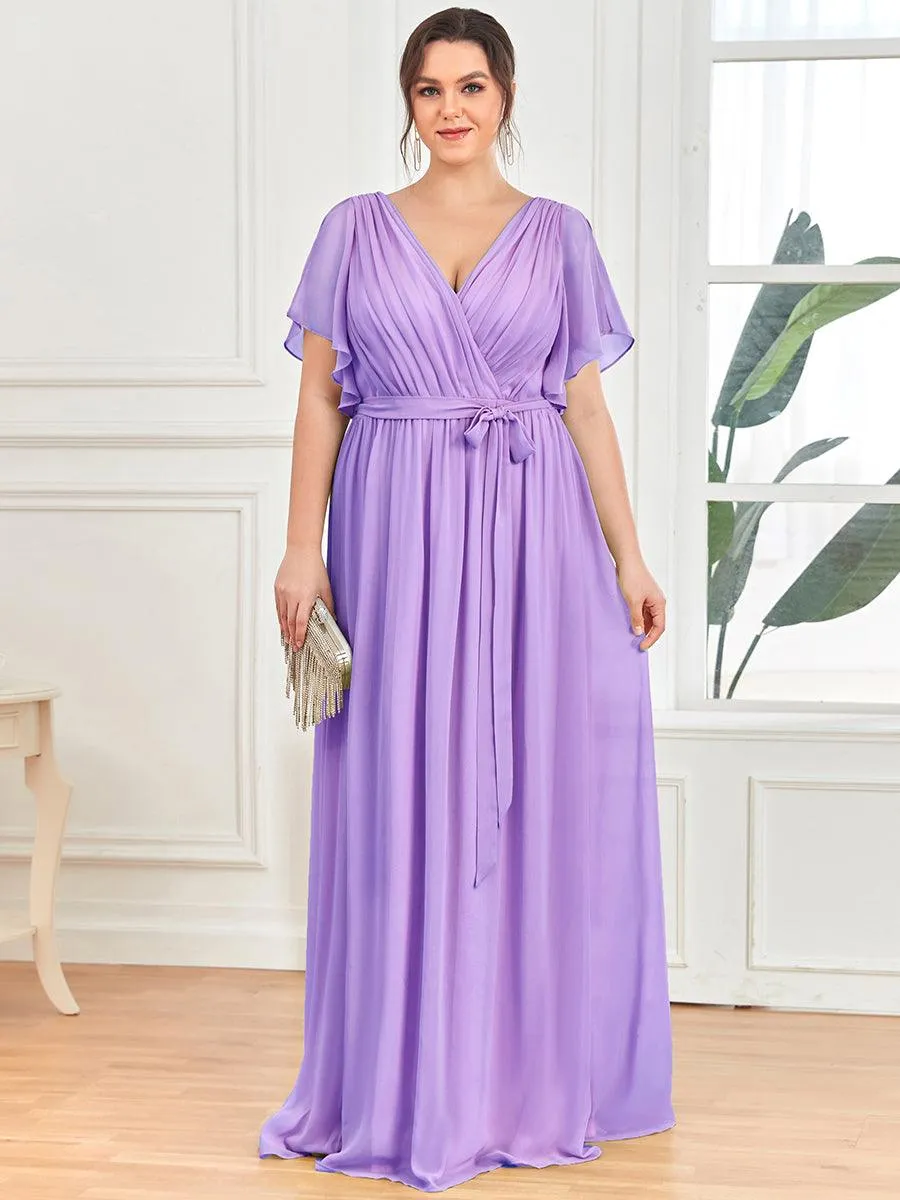 Robe mariage invitée en mousseline de soie longue de grande taille à encolure en V Maxi