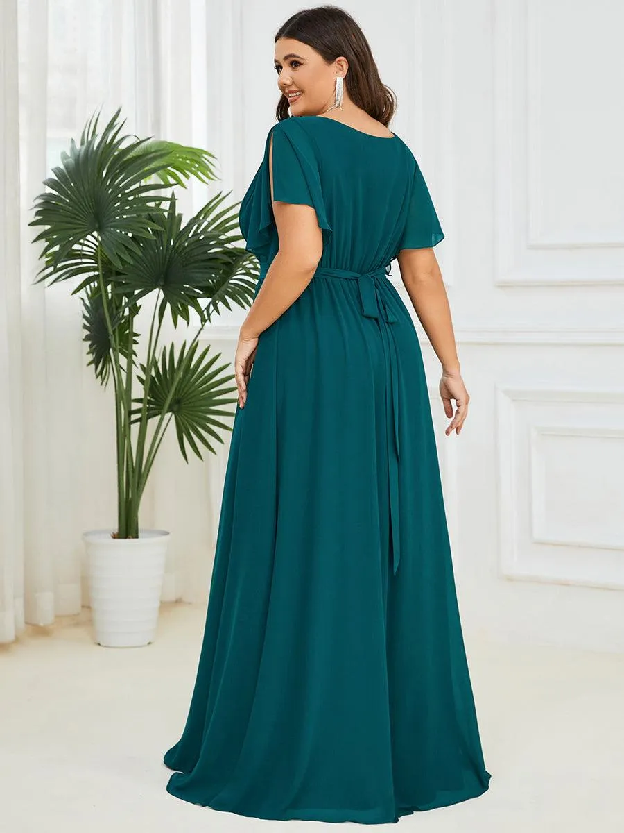 Robe mariage invitée en mousseline de soie longue de grande taille à encolure en V Maxi