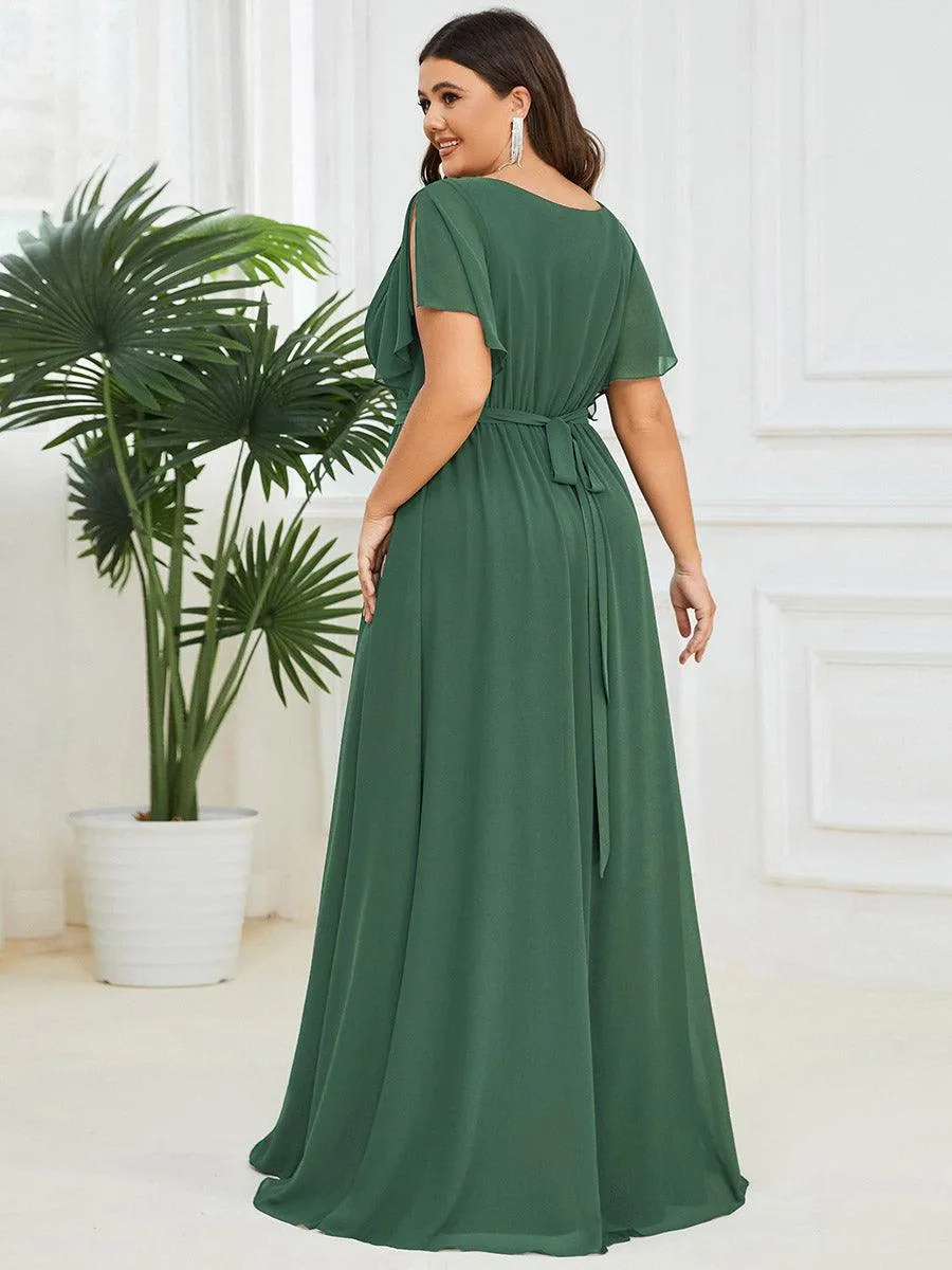 Robe mariage invitée en mousseline de soie longue de grande taille à encolure en V Maxi