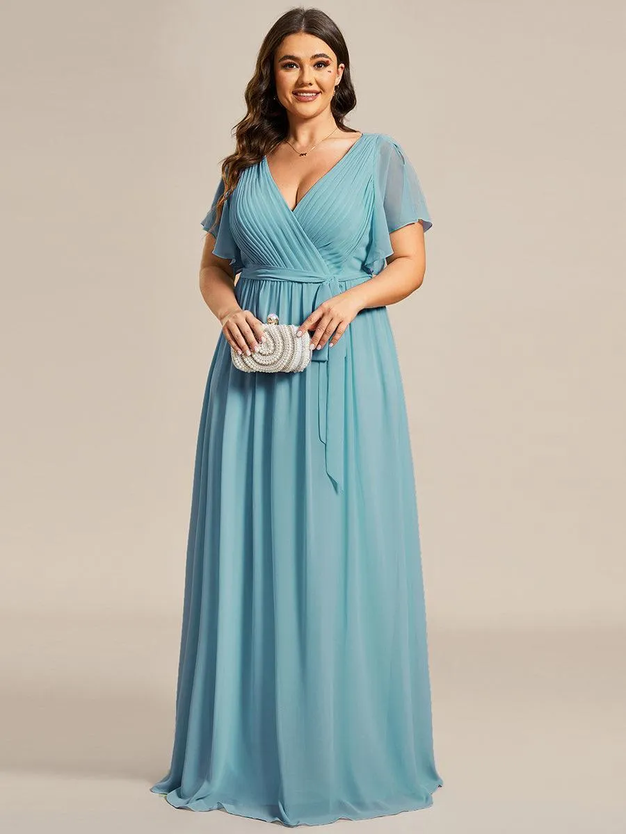 Robe mariage invitée en mousseline de soie longue de grande taille à encolure en V Maxi