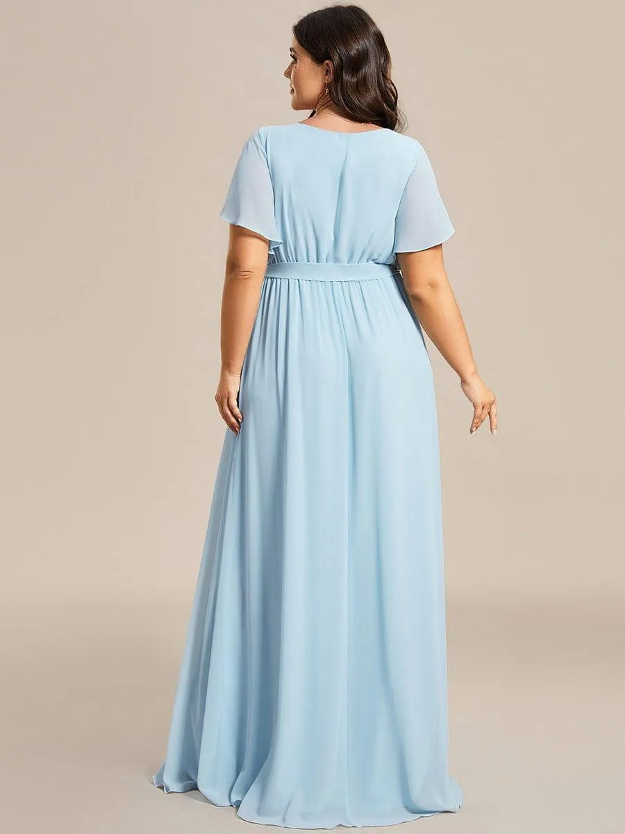 Robe mariage invitée en mousseline de soie longue de grande taille à encolure en V Maxi
