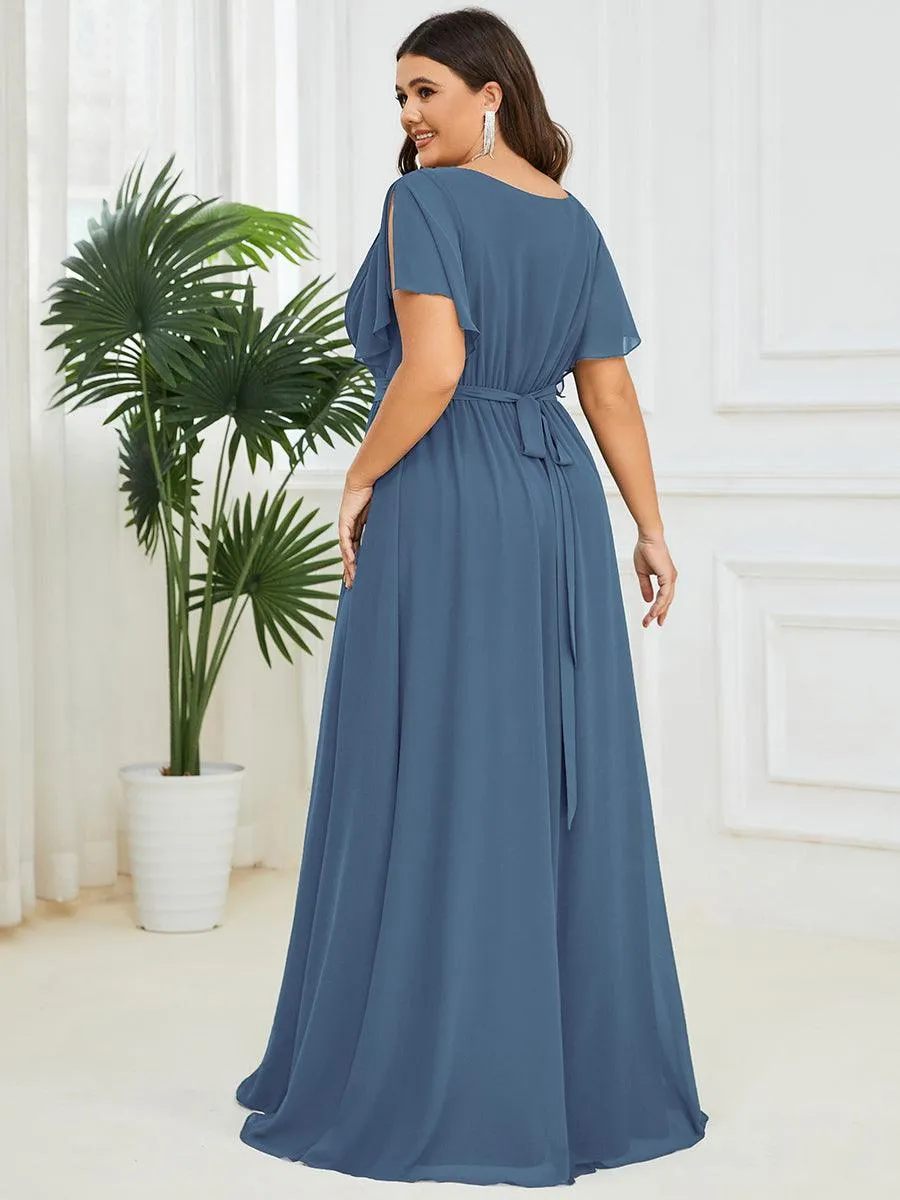 Robe mariage invitée en mousseline de soie longue de grande taille à encolure en V Maxi