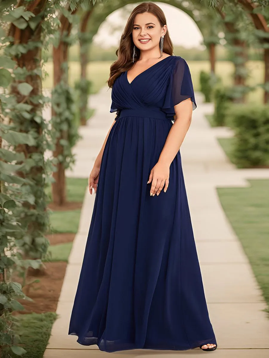 Robe mariage invitée en mousseline de soie longue de grande taille à encolure en V Maxi