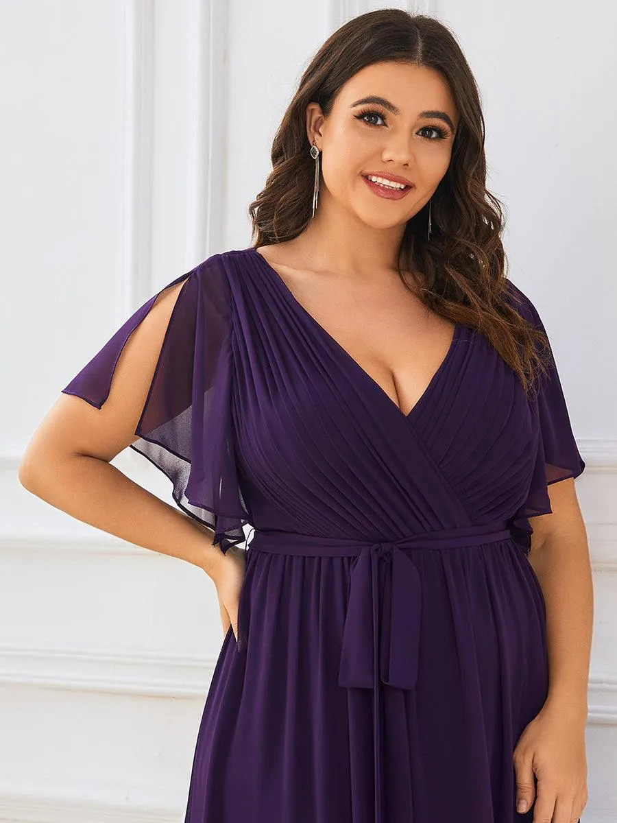 Robe mariage invitée en mousseline de soie longue de grande taille à encolure en V Maxi