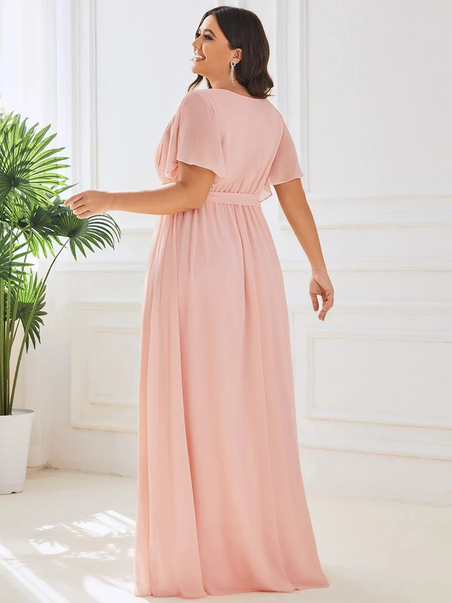 Robe mariage invitée en mousseline de soie longue de grande taille à encolure en V Maxi