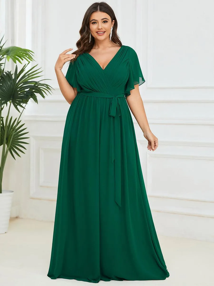 Robe mariage invitée en mousseline de soie longue de grande taille à encolure en V Maxi