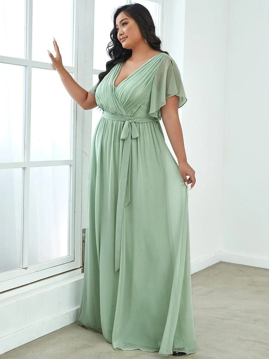 Robe mariage invitée en mousseline de soie longue de grande taille à encolure en V Maxi