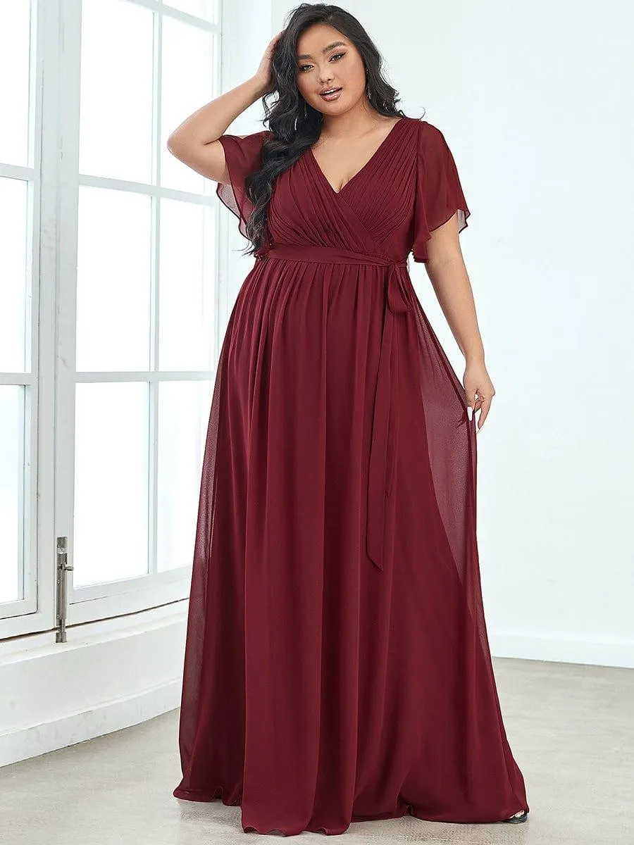 Robe mariage invitée en mousseline de soie longue de grande taille à encolure en V Maxi