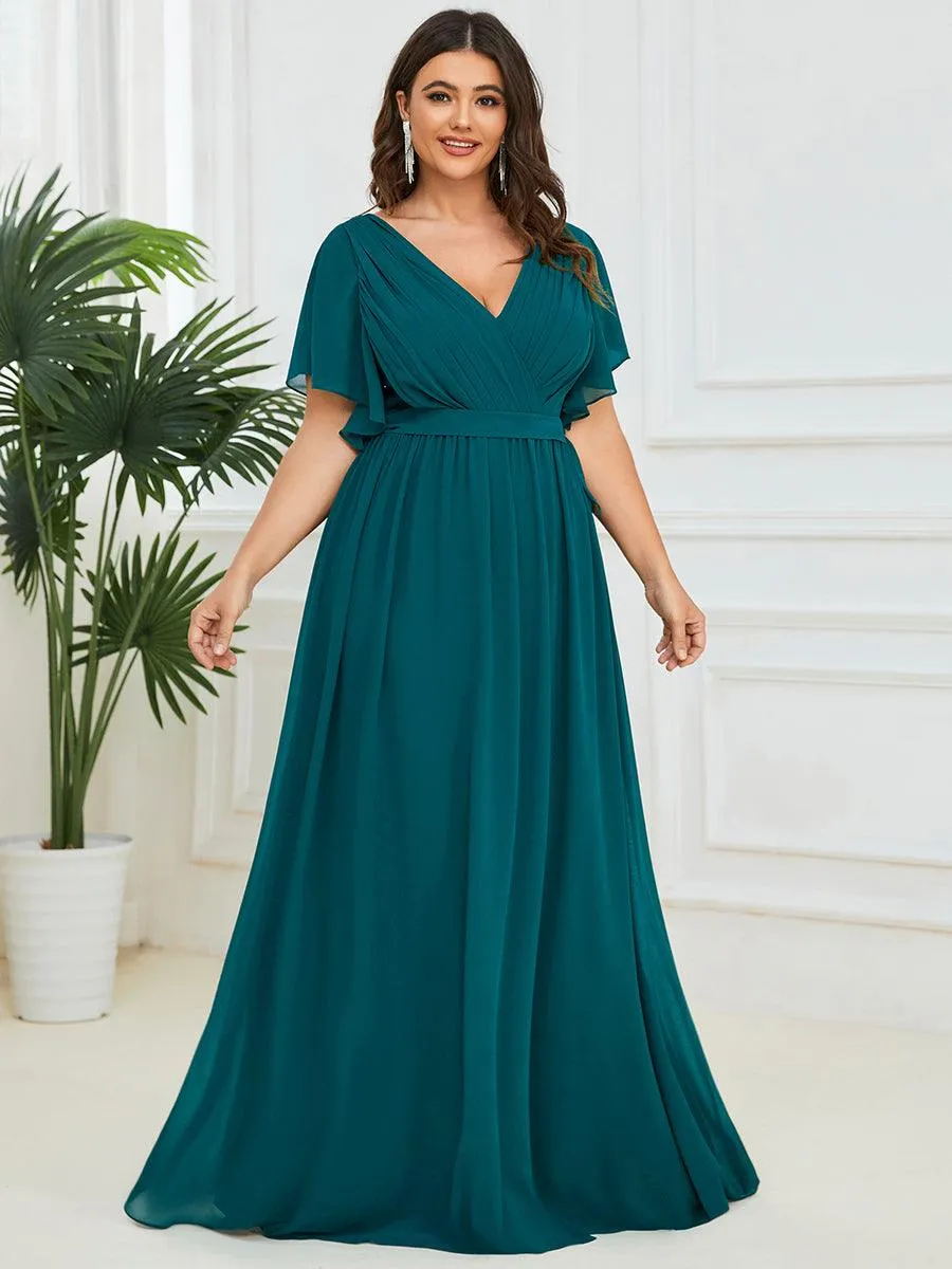 Robe mariage invitée en mousseline de soie longue de grande taille à encolure en V Maxi