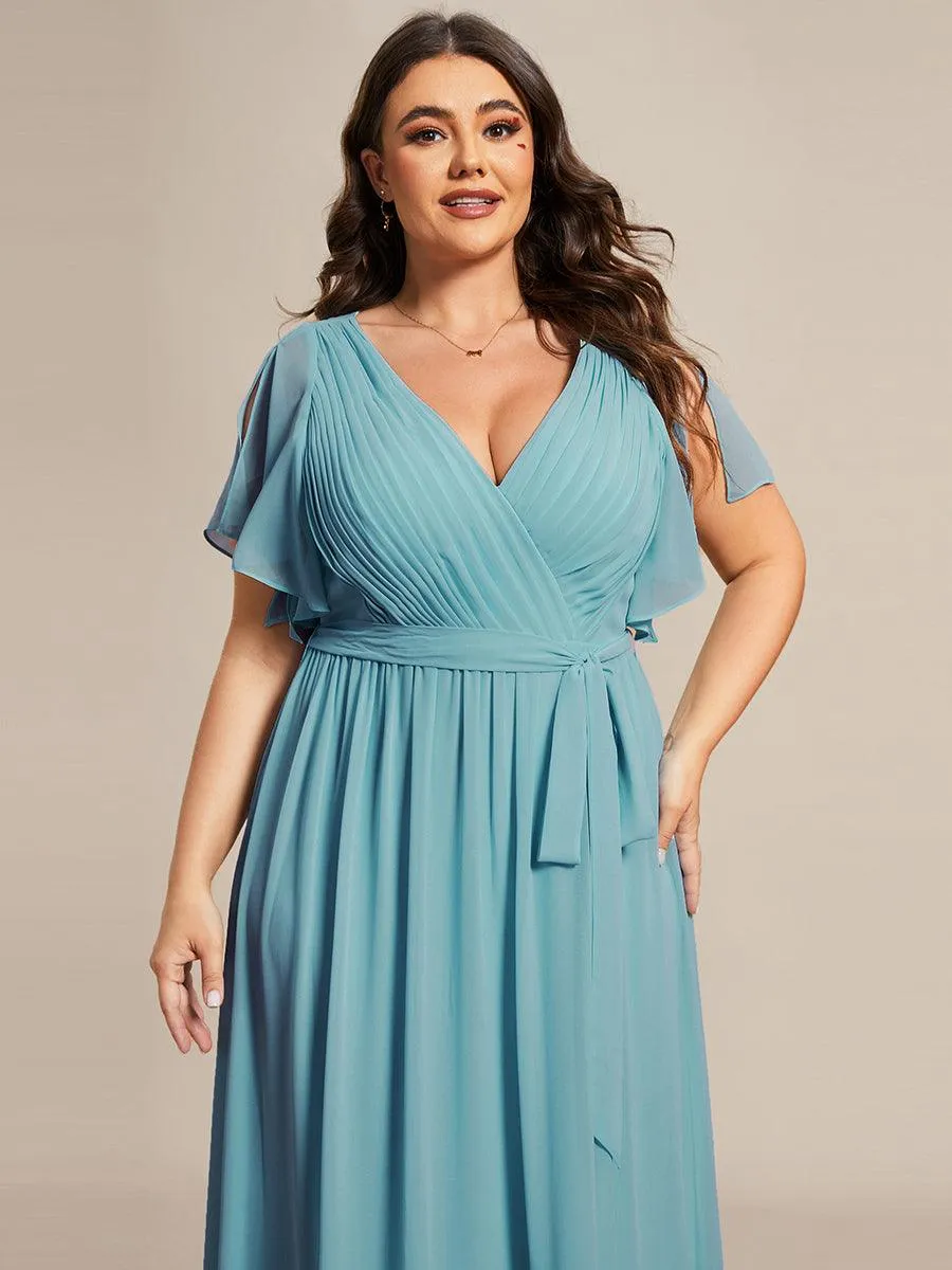 Robe mariage invitée en mousseline de soie longue de grande taille à encolure en V Maxi