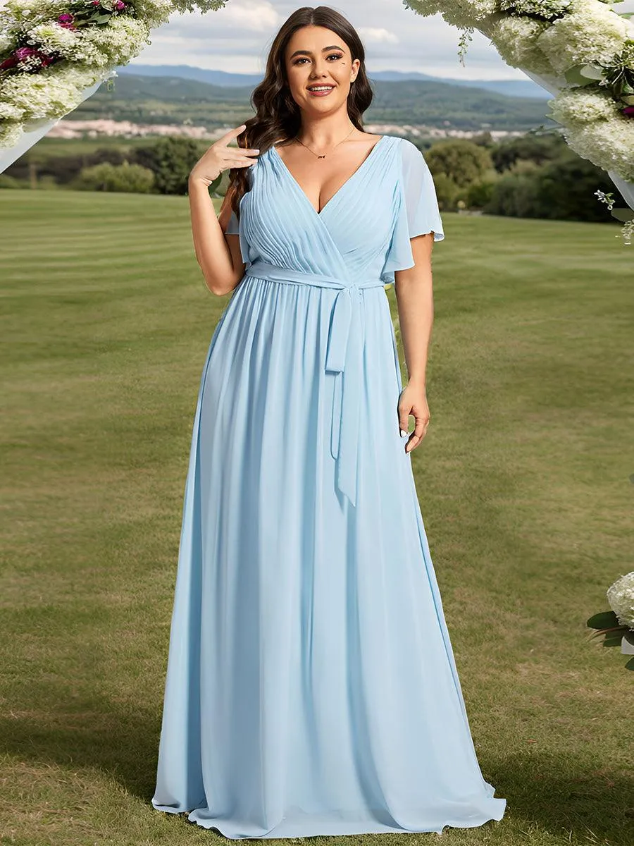 Robe mariage invitée en mousseline de soie longue de grande taille à encolure en V Maxi