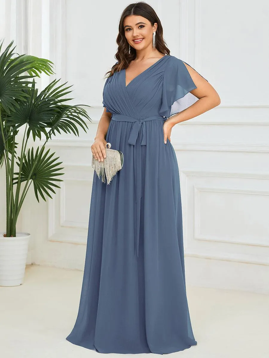 Robe mariage invitée en mousseline de soie longue de grande taille à encolure en V Maxi
