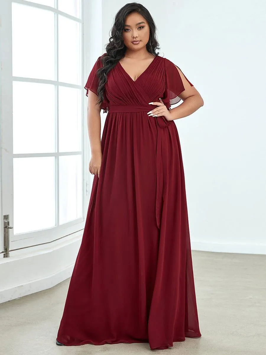 Robe mariage invitée en mousseline de soie longue de grande taille à encolure en V Maxi