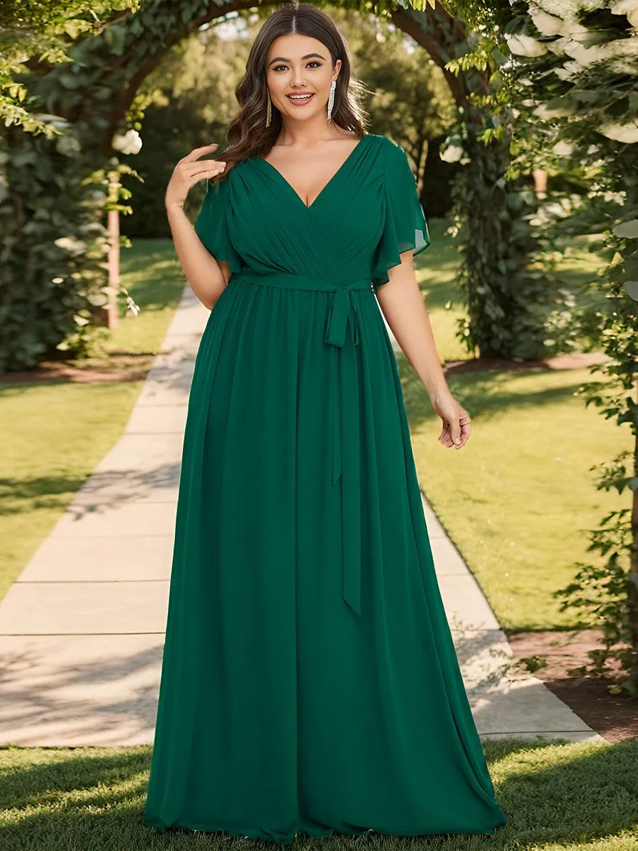 Robe mariage invitée en mousseline de soie longue de grande taille à encolure en V Maxi