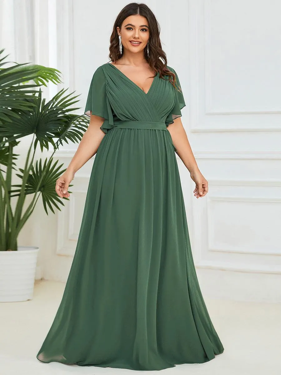 Robe mariage invitée en mousseline de soie longue de grande taille à encolure en V Maxi