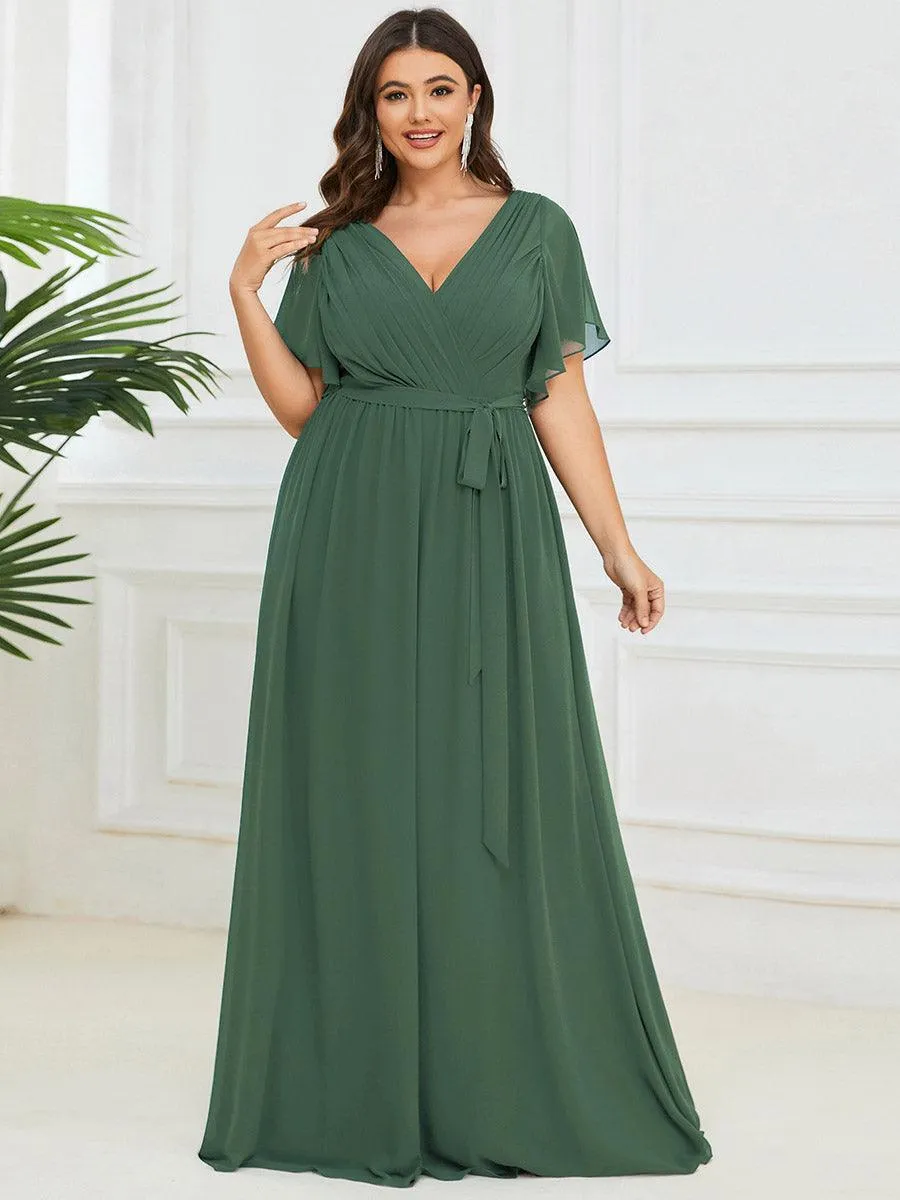 Robe mariage invitée en mousseline de soie longue de grande taille à encolure en V Maxi