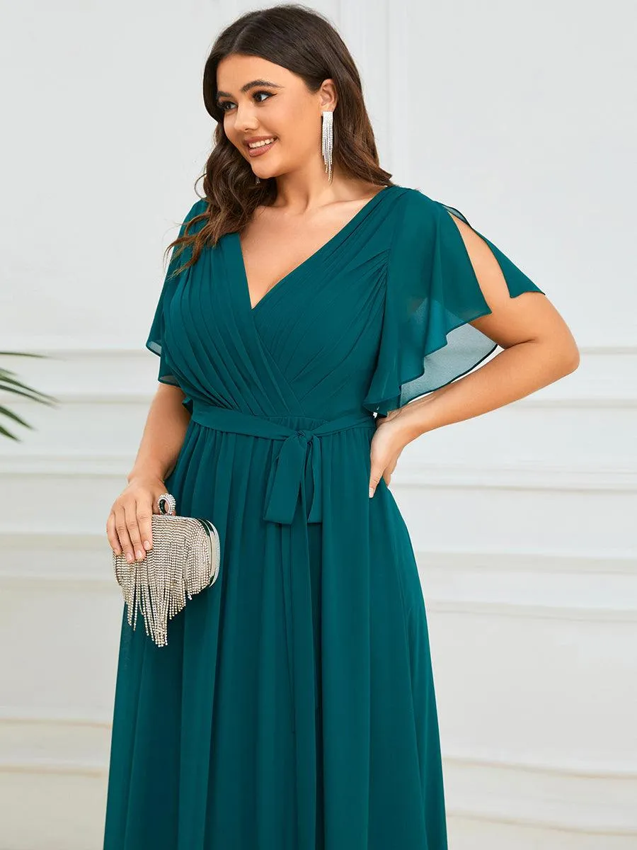 Robe mariage invitée en mousseline de soie longue de grande taille à encolure en V Maxi