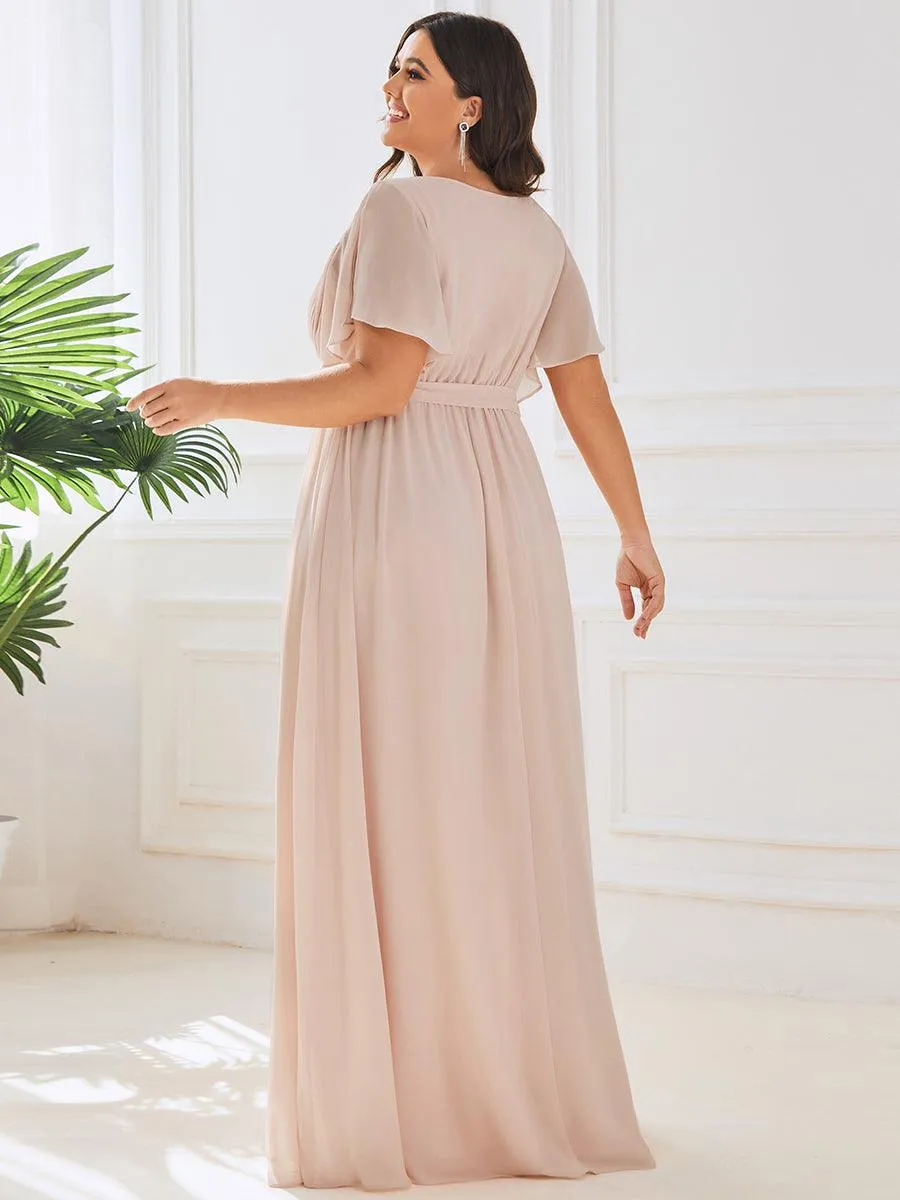 Robe mariage invitée en mousseline de soie longue de grande taille à encolure en V Maxi