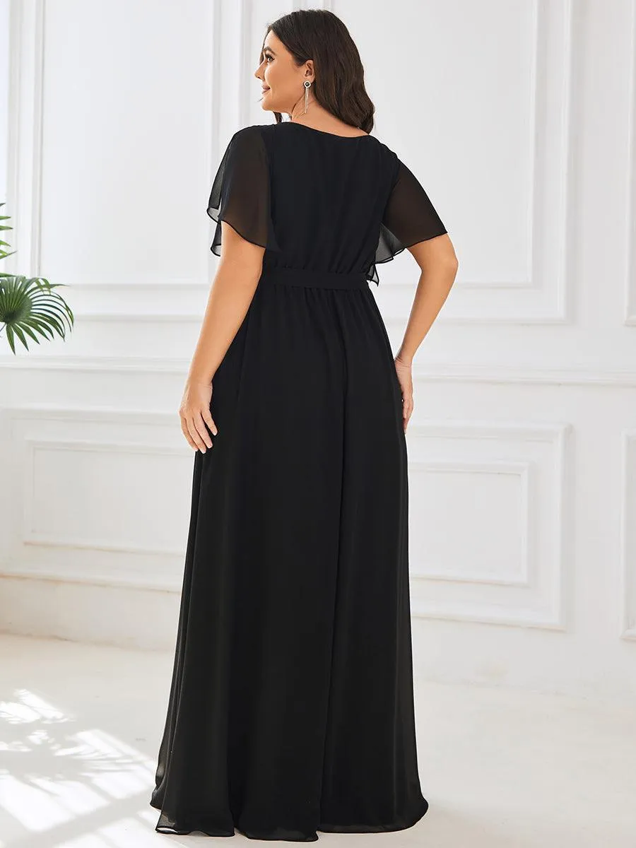 Robe mariage invitée en mousseline de soie longue de grande taille à encolure en V Maxi