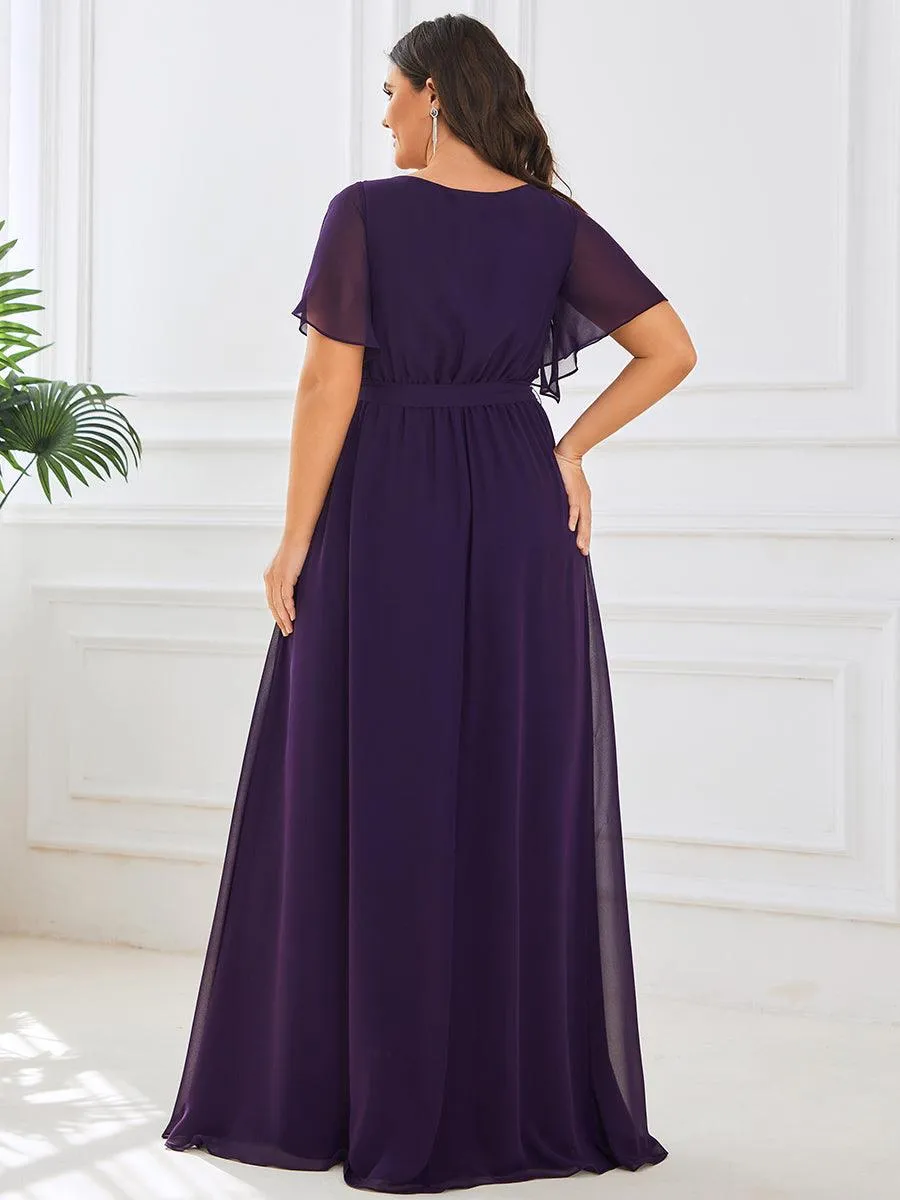 Robe mariage invitée en mousseline de soie longue de grande taille à encolure en V Maxi