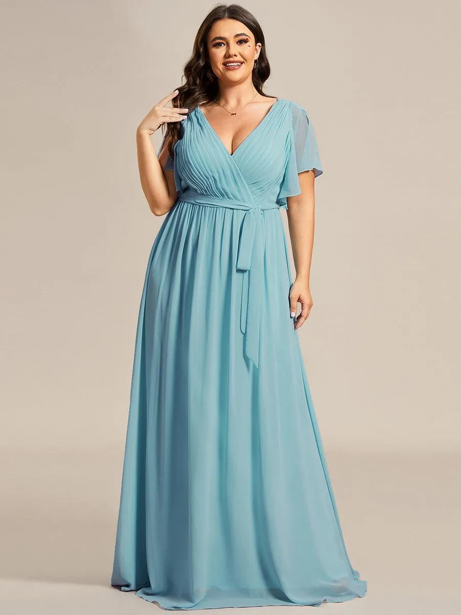 Robe mariage invitée en mousseline de soie longue de grande taille à encolure en V Maxi